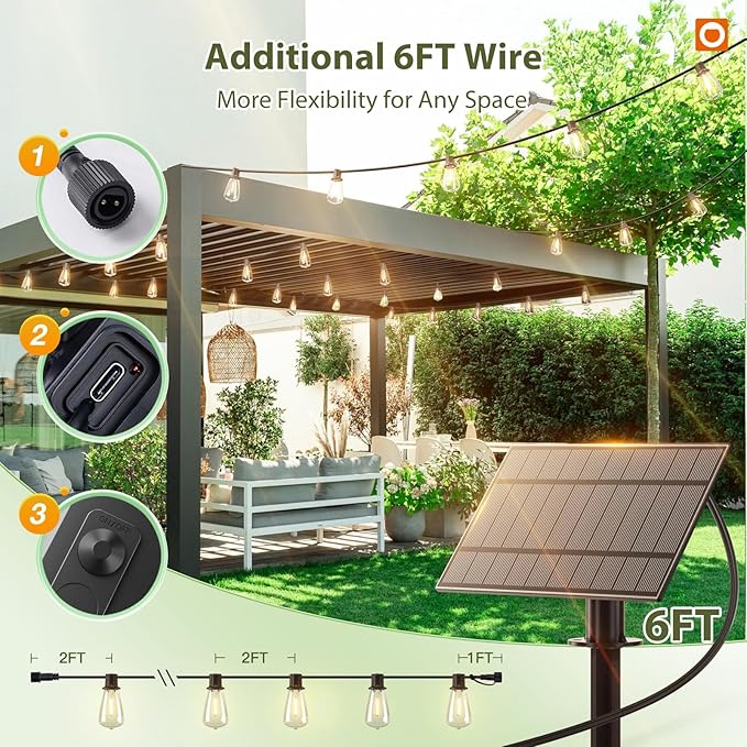 addlon 54(48+6) FT Solar String Lights Waterproof,Patio Lights Solar Powered with Remote& USB Port 24+2 LED Shatterproof Bulbs 3 Lighting Modes Outdoor Lights for Camping Backyard Garden