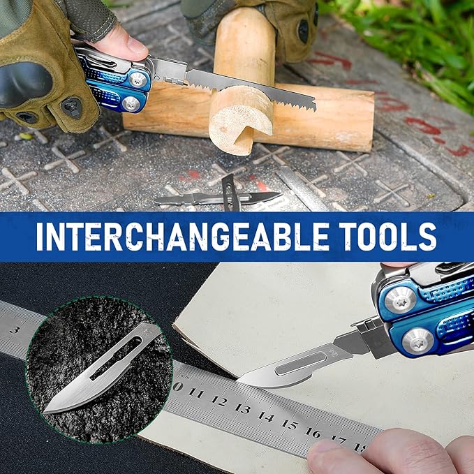 BIBURY Multitool Pliers BI2049BL with Blue Titanium Handle, EDC Multi Tool with Replaceable Wire Cutter, Full-Size Scissors and Screwdirver Set, Heavy Duty Hand Tool for DIY, Repair, Camping, Survival