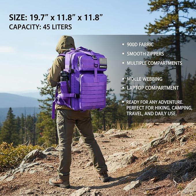 45L Military Tactical Backpack for Men & Women Bug Out Bag Assault pack Molle Daypack Hiking Trekking Rucksack (2.0 side pockets (purple))
