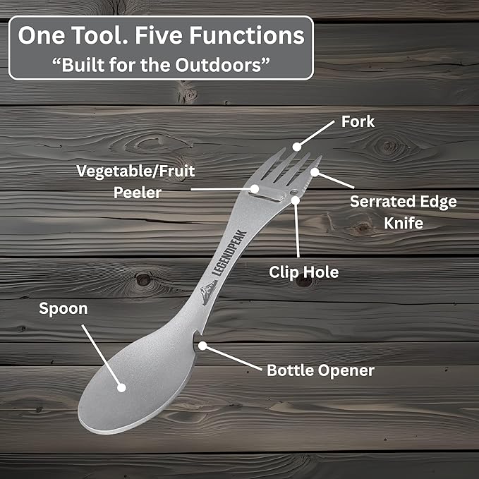 Titanium Spork 5-in-1 Camping Utensil Set 2-Pack – Ultralight Backpacking Silverware with Knife, Bottle Opener & Peeler, Includes Shared Travel Pouch & Carabiner