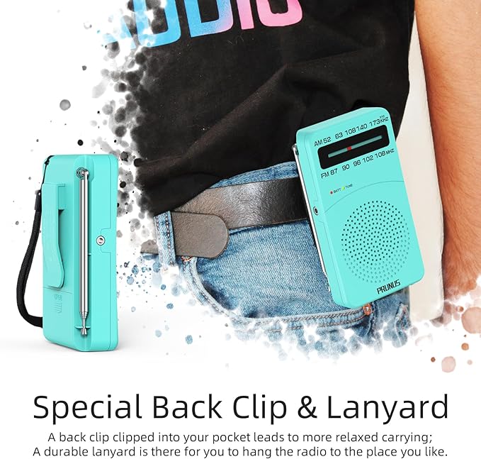 PRUNUS J-166 Portable Radio AM FM, Gifts for Dad and Mom, Battery Operated Radio with Tuning Light, Back Clip, Excellent Reception, AM FM Radios Portable, Transistor Radios