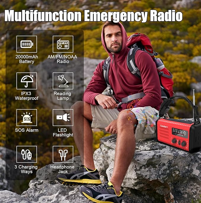 NOAA Weather Radio 20000mAh Battery Powered｜Solar Hand Crank Emergency Radio AM/FM｜USB-C Charger｜SOS Alarm｜Flashlight & Reading Lamp｜Hurricane Storm Power Outage Survival Emergencies (Red)