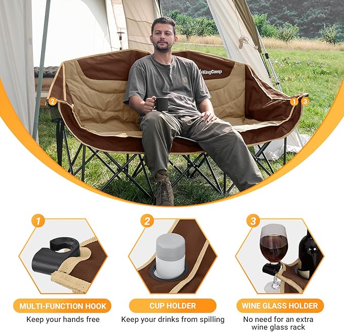 KingCamp 3 Person Camping Chair, Oversized 1100lbs Heavy Duty Loveseat for Adults Portable Folding XL 2 Person Couch Padded Comfortable Three Seat with Cup Holder for Outdoor Lawn, Khaki/Coffee