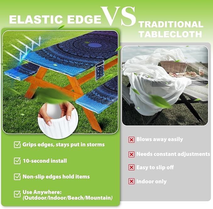 Picnic Table Cover with Bench Covers Vinyl Elastic Edges Fitted Rectangle Seat Tables Waterproof 3-Piece72X30in Set Outdoor Rectangular Folding Backing Tablecloth for Camping Over Size
