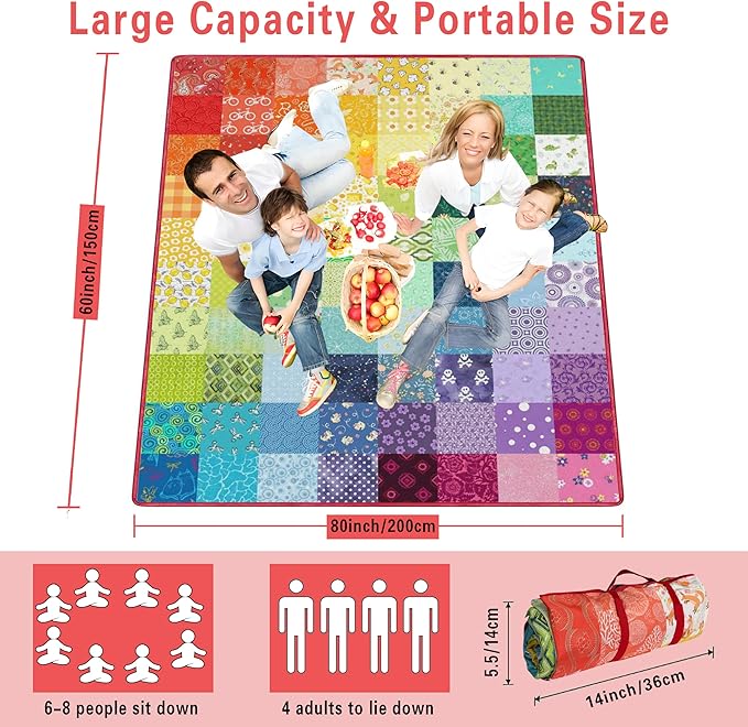Supfitness Extra Large Picnic Blankets Waterproof Foldable (60"x 80") Boho Beach Blanket Waterproof Sandproof,3-Layer Thicking Mat Outdoor Packable Camping Blanket