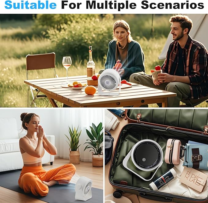 Small Desk Fan Battery Powered - White Low Noise Quiet Smart Portable Gentle Blowing without Headaches for Office Bedroom Living Room Table Top Wall Hanging Kitchen Travel Camping 5-Speed 360 Rotation