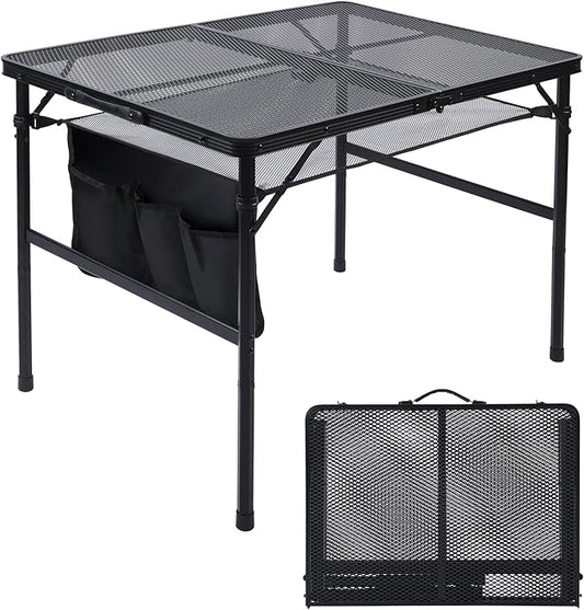 JOUYEK Folding Grill Table, 3x2 FT Portable Camping Table, Height Adjustable Metal Tables with Mesh Desktop and Mesh Bag, Outdoor Furniture for Camping, Picnic, Beach and BBQ, Black