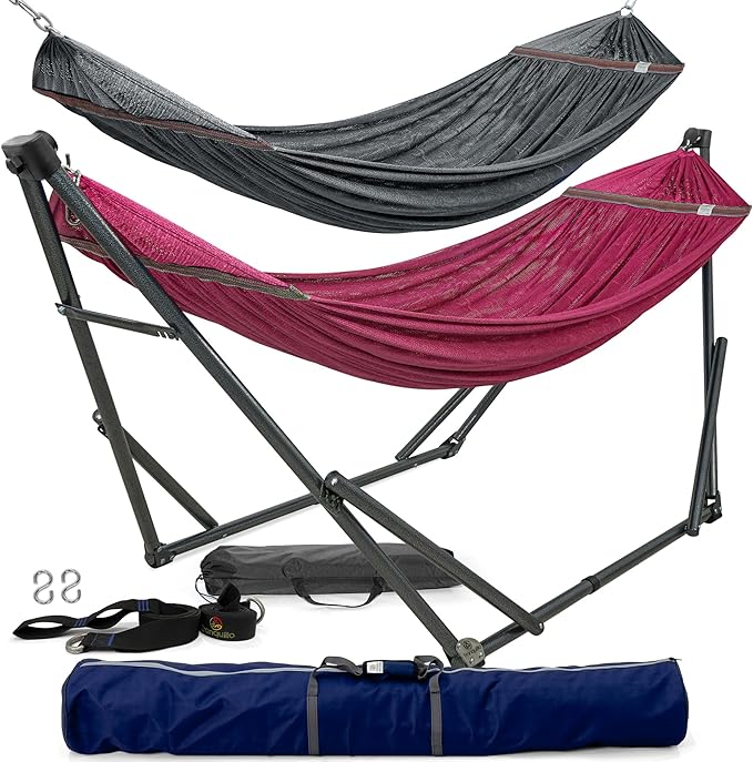 Tranquillo Combo x2 Hammocks with Stand for Outside & Tree Straps, Heavy Duty Hammock with Stand 600lbs for Indoor Outdoor Patio Backyard, x2 Hammocks for 2 Person (Combo - Red, Medium)