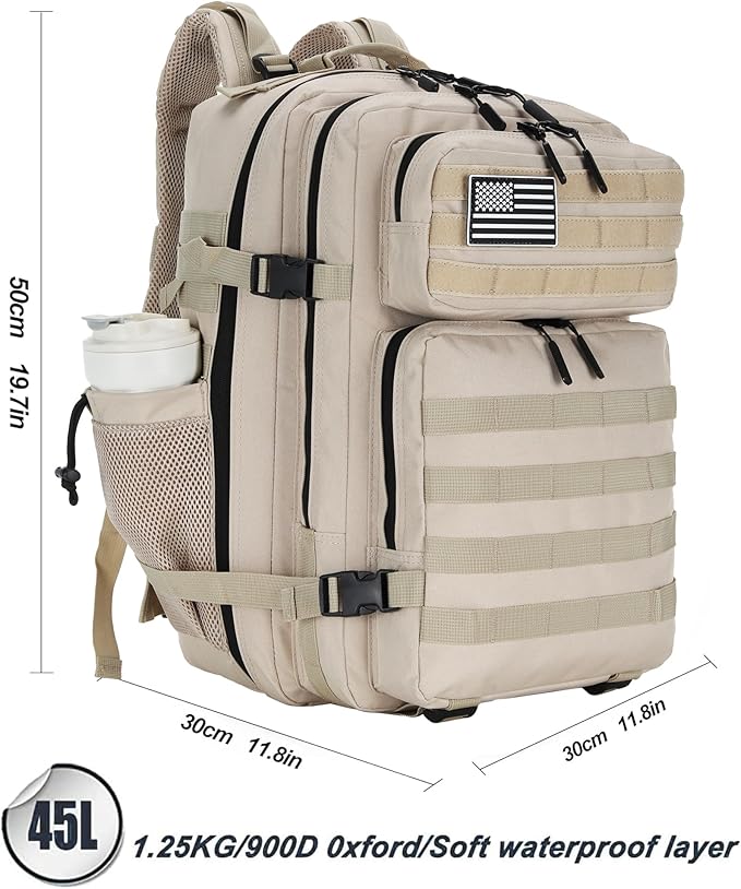 Lovelinks21 45L Tactical Assault Backpack 3 day assault pack with Molle Waterproof backpack Rucksack for Tactical Backpacks (Light Khaki)