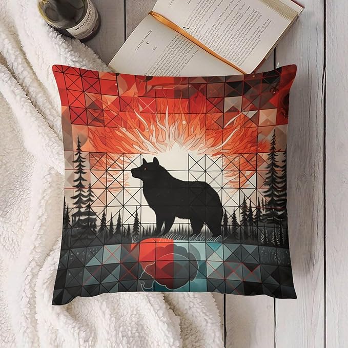 ITFRO Set of 2 Birthday Gift Nature Wildlife Bear Deer Forest Bonfire Pine Tree Short Plush Both Sides Square Retro Geometry Throw Pillow Cover Cushion Case Farmhouse Sofa Decor 18x18 Inches (Bear)
