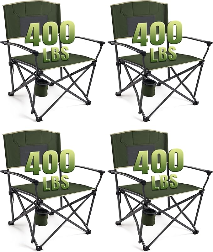 Folding Camping Chairs for Adults Heavy Duty Plus Size Camping Chairs 400 lb Steel Frame Metal Arm Lawn Chairs with Cup Holder, Extra Large Camp Chair for Outdoor Sports, Green 4 Pack (2 Pack x 2)