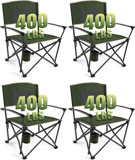 Folding Camping Chairs for Adults Heavy Duty Plus Size Camping Chairs 400 lb Steel Frame Metal Arm Lawn Chairs with Cup Holder, Extra Large Camp Chair for Outdoor Sports, Green 4 Pack (2 Pack x 2)