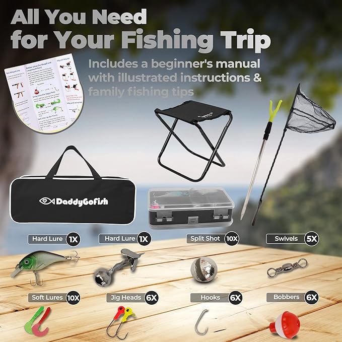 DaddyGoFish Kids Fishing Pole - Rod Reel Combo Tackle Box Starter Set - First Year Small Dock Gear Kit for Boys Girls Toddler Youth Age Beginner Little Children Junior Anglers