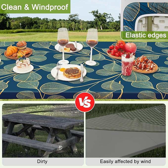 Picnic Table Cover with Bench Covers Portable Table Cloth Built-in Storage Pocket Fitted Tablecloth with Elastic Edges Waterproof Camping Essentials for Indoor Outdoor Rv,72in,Blue-gray