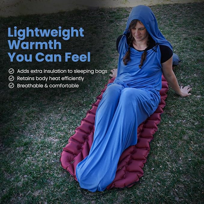 Sleeping Bag Liner for Camping – Ultralight Insulated Wearable Quilt 1 lb, Backpacking Blanket Sack with Hood