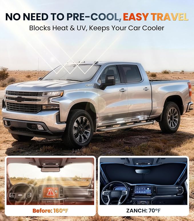 Zanch Custom Windshield Sun Shade for Chevrolet Silverado 1500 2019-2026, 7-Layer Heavy-Duty UV & Heat Block Protection, 3D Laser Scanned Instant Cooling, Foldable Truck Accessories