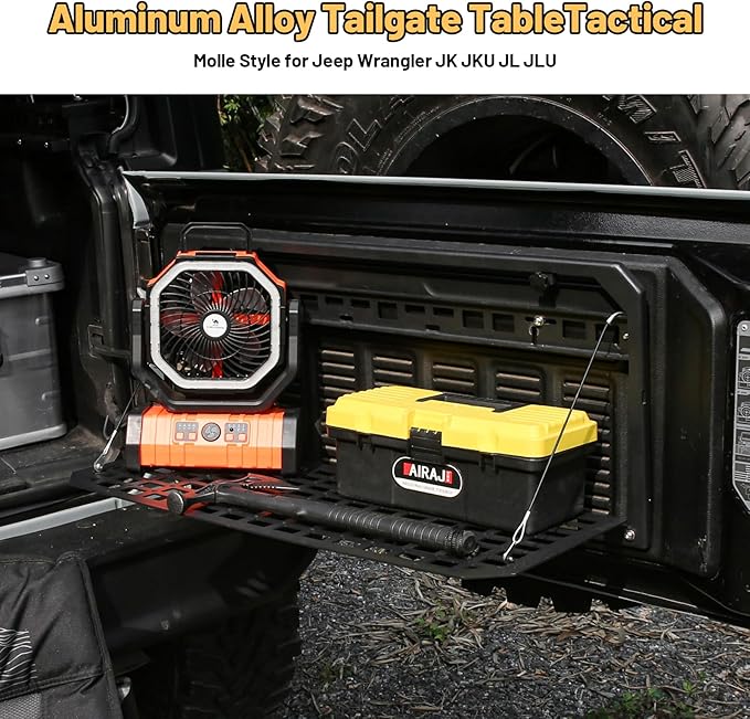 Tailgate Table Rear Storage Cargo Rack Compatible with 2017-2024 Jeep Wrangler JKU &JL JLU Foldable Storage Shelf MOLLE Panel with 3 Storage Bags(Not fit with Low Speaker JK Models)