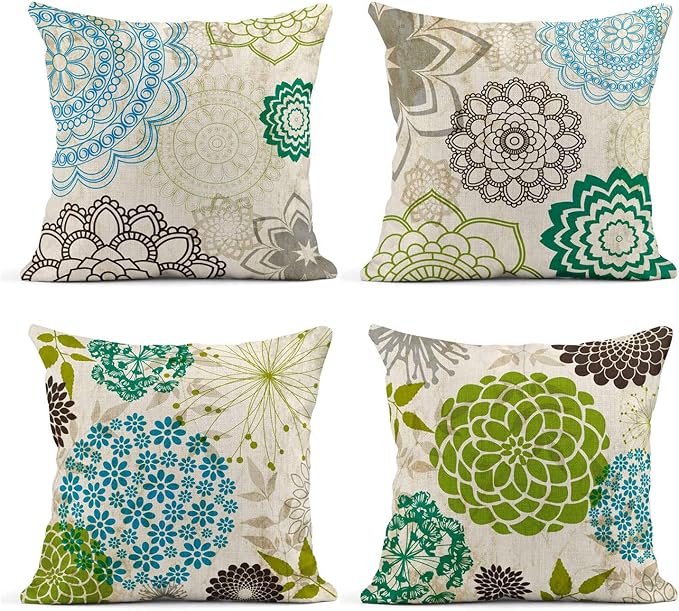 Set of 4 Linen Throw Pillow Cover Case Sparklers Floral Patterns Decorative Pillow Cases Covers Home Decor Square 20 x 20 Inches Pillowcases