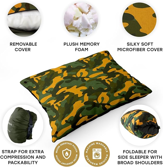 Small Backpacking Camping Pillow | Camp Pillow w/Machine-Washable Cover | Packable Travel Pillow w/Pouch + Strap | Hammock Pillow | Hiking | Camping Gear & Accessories