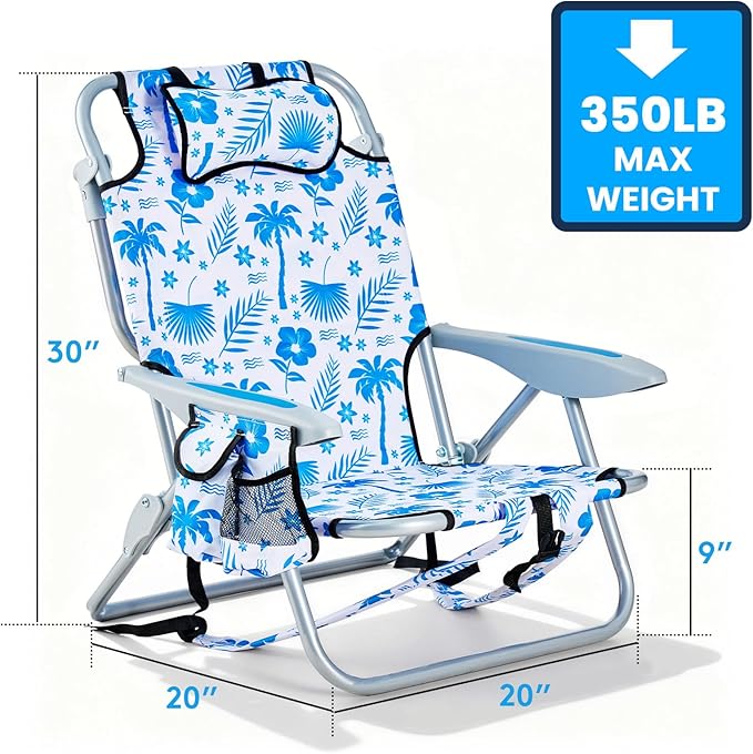 Portable Beach Chair for Adults, Outdoor Camping Chair Lay Flat Folding Backpack Beach Reclining Chair with 5 Positions, Headrest, Cup Holder, Heavy Blue Coconut Tree