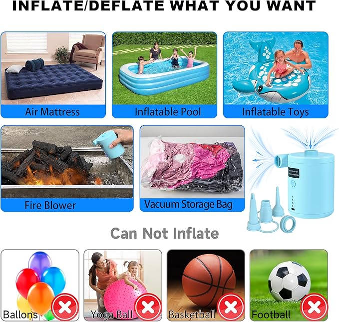 Air Pump for Air Mattress, Air Mattress Pump for Inflatables, Quick Fill Inflator Deflator Air Pump Perfect for Outdoor Camping Inflatable Boat Blow Up Pool Water Toy Car Air Bed