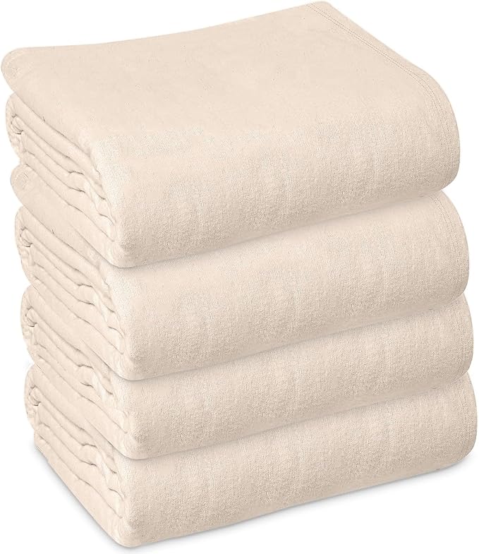 Linteum Textile Cotton Blended Hospital Patient Bath Blanket, Bed Bath Sheet, Twin Blanket Lightweight Thermal Utility Blankets (4-Pack, 70x90 in, 1.4 lb.) Unbleached