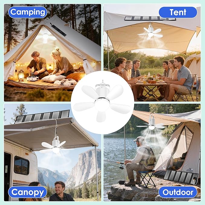 21” Solar Ceiling Fan Light with Foldable Solar Panel, Portable Solar Camping Fan Light Outdoor with Remote, Battery Operated Canopy Hanging Fan, for Outside Tent Porch Patio RVs Pergola