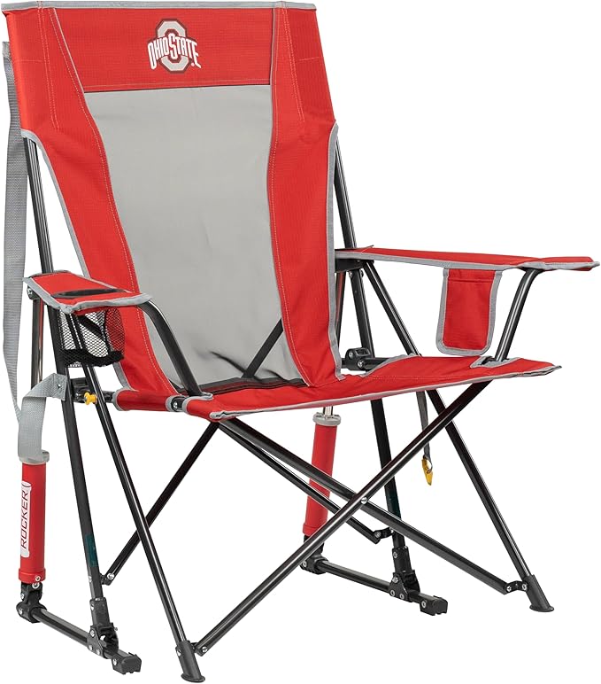 GCI Outdoor Comfort Pro Rocker Camping Chair | Portable Folding Rocking Chair with Durable Armrests & Drink Holder | Official Collegiate Licensed Sideline Sports Chair | Ohio State Buckeyes
