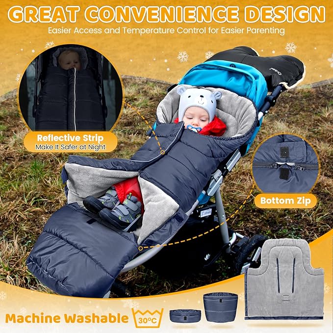 Orzbow Universal Stroller Bunting Bag with Extra Footmuff for Toddler, Kids, Warm Waterproof Stroller Blanket, Winter Cover, Baby Bunting Bag - Protect Babies from Cold Winds, Blue