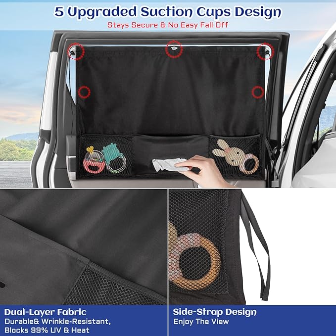 Car Window Shades, 2 Pcs 5 Suction Cups Car Sun Shade for Baby with Car Tissue Holder & Storage Net Pocket for Heat/UV Protection Sun Block Covers, Car Camping Accessories