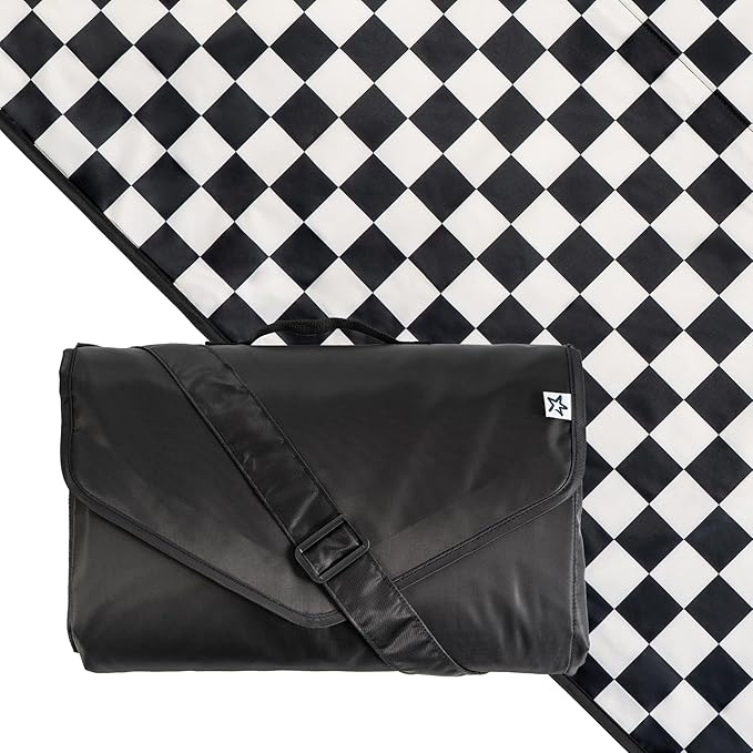Tiny Twinkle Waterproof Picnic Blanket | 5'x7' 100% Recycled Polyester, Sandproof, Foldable & Portable for Beach, Camping, Travel（Black Checkers）