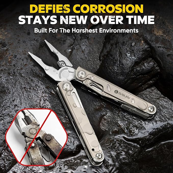 BIBURY Titanium Alloy Multitool with Damascus Knife, EDC Multi tools with Replaceable Wire Cutters, Scissors, Screwdriver Bits, Titanium Handle Multi-Tool for Camping, Survival, Repair - BI2049TI