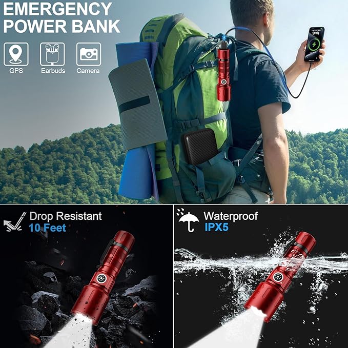 Banral Flashlights High Lumens Rechargeable, Super Bright Long Range Small Powerful Flashlight, 6 Modes LED Tactical Pocket Waterproof Flash Light for Home Emergency (2, Red)