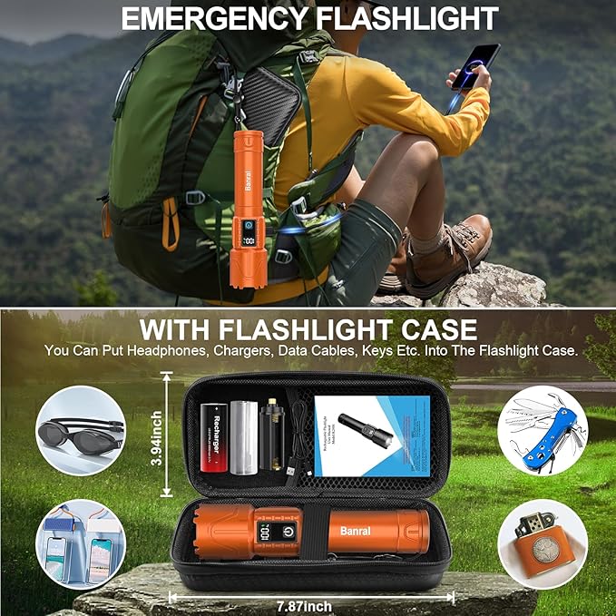 Rechargeable Tactical Flashlights 2000 High Lumens - 5000mAh Super Bright LED Powerful Flash Light, Waterproof Handheld USB C Flashlight for Home,Car,Camping,Emergencies,5 Modes,Zoomable (1, Orange)