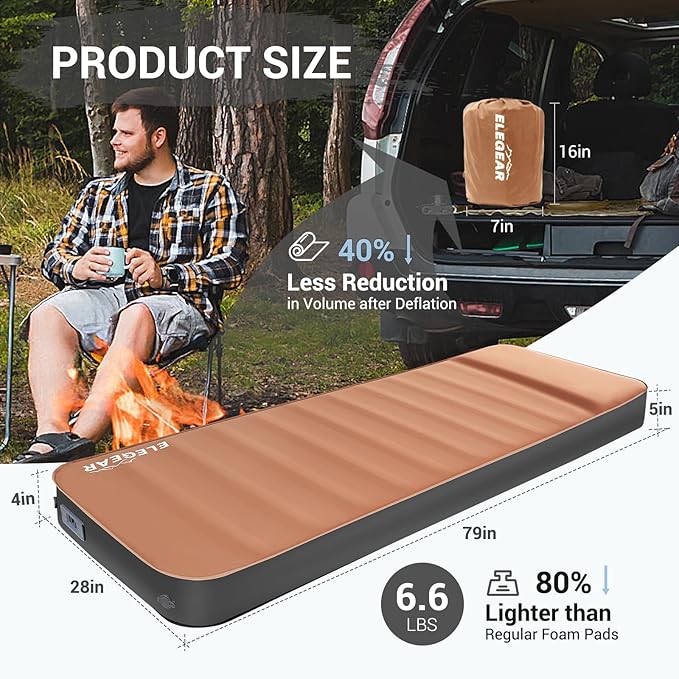 Elegear CumbreX™ Air & Foam Self Inflating Sleeping Pad, Built-in Electric Pump 4" Ultra-Thick Memory Foam Camping Mattress with Pillow Camping Pad 4-Season R-Value 9.5 Camp Mat (Khaki,Single)