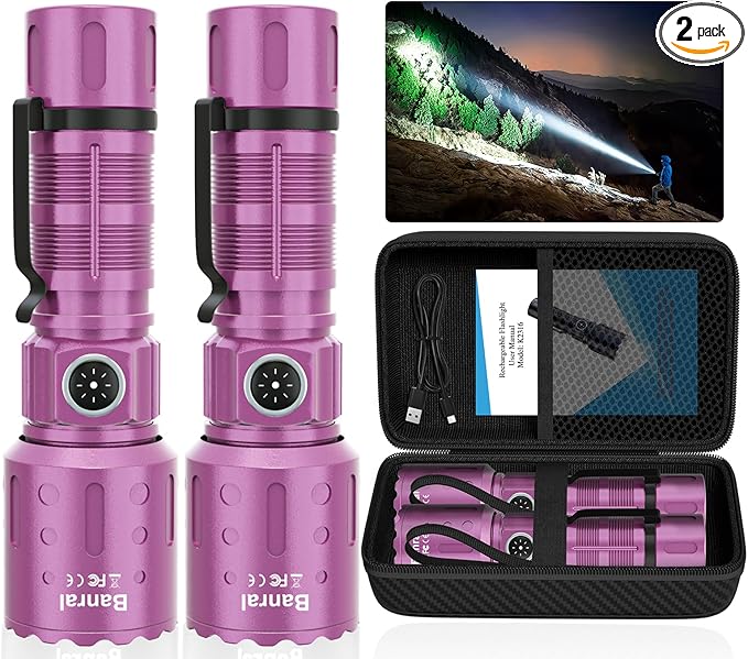 Banral Flashlights High Lumens Rechargeable, Super Bright Long Range Small Powerful Flashlight, 6 Modes LED Tactical Pocket Waterproof Flash Light for Home Emergency (2, Purple)