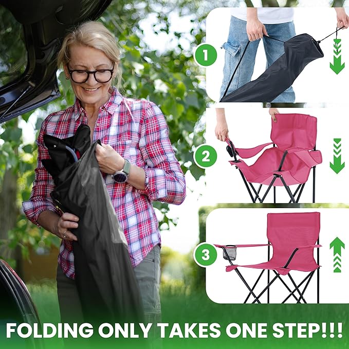 2 Pack Portable Camping Chairs Folding Lawn Chair Outdoor Lightweight Beach Chair with Cup Holder & Carry Bag for Outside Sports, Fishing, Hiking, Travel, Picnic, Backyard (Pink, Medium)