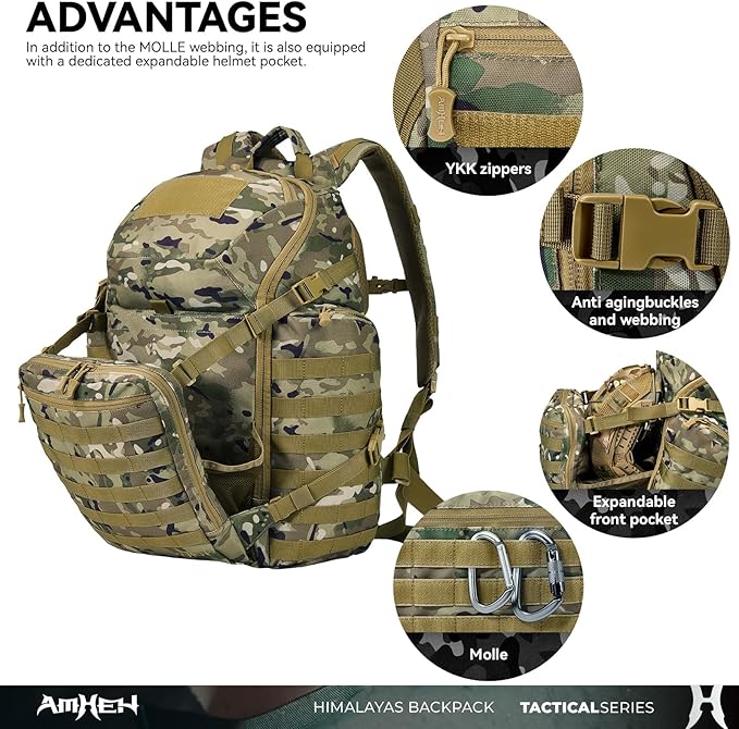 AMHEH 52L Tactical Backpack - 1050D 72 Hour Bug Out, 17" Laptop Compartment, Helmet Pocket and MOLLE for Survival Emergency (Camo)