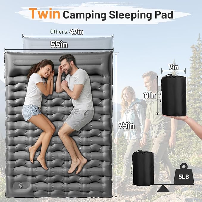KASBAH Double Inflatable Camping Sleeping Pad,Thick 6 inch 2 Person Ultralight Sleeping Mat with Built-in Foot Pump and Pillow,Camping Essentials for Hiking,Backpacking,Traveling, Tent