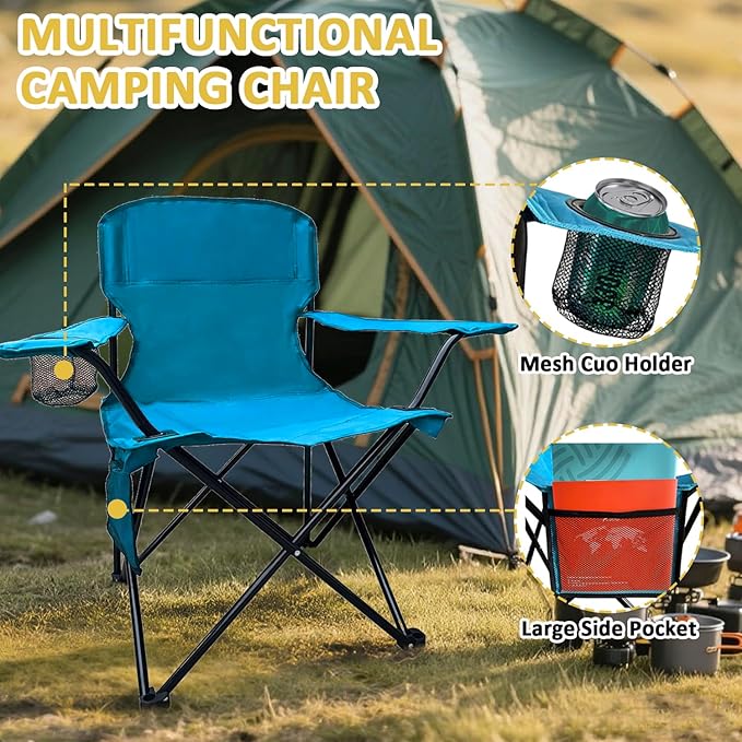 Folding Camping Chair with Cup Holder & Storage Bag, 225lbs Capacity, Large Anti-Sink Feet, Breathable PE Coated Fabric for Outdoor, Hiking, Beach, Fishing, Backpacking, Blue