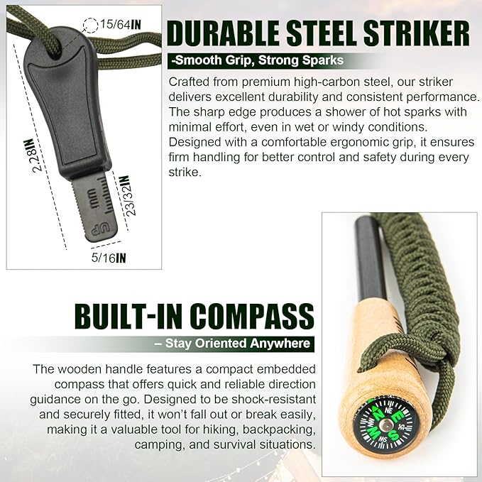 Ferro Rod Fire Starter Kit – Carbon Steel Striker & Compass-Integrated Hardwood Handle | Flint and Steel Survival Tool for Camping, Hiking, Bushcraft & Emergency