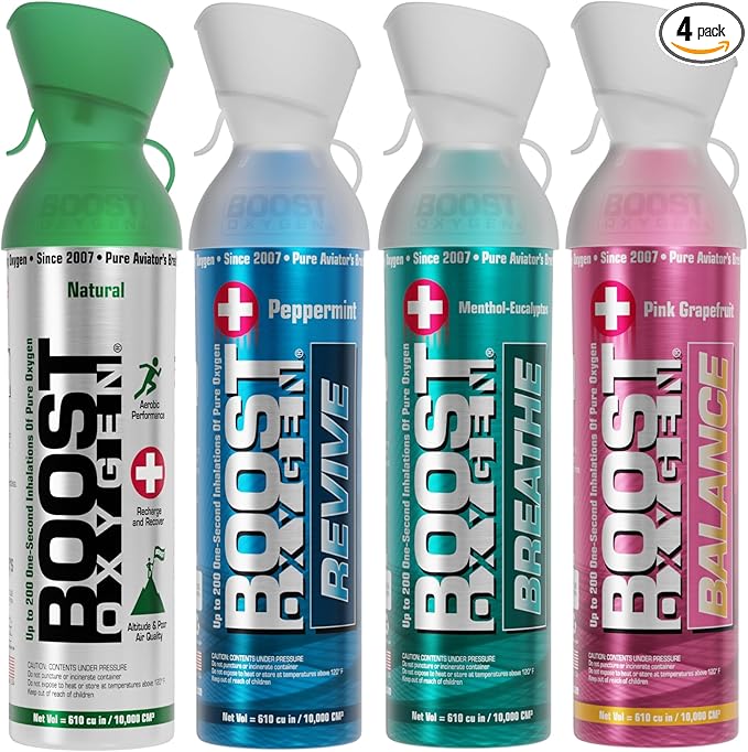 Boost Oxygen Canned Oxygen for Breathing for Home Use, Exercise, or Altitude Sickness, with Sealed Cap & Mask, 10L Canister, Multicolor, Pack of 4