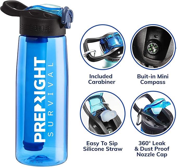 Survival – 4-Stage Water Filter Bottle, BPA-Free 22oz Camping Water Bottle with Built-In Compass, Travel and Emergency Preparedness Gear, Black