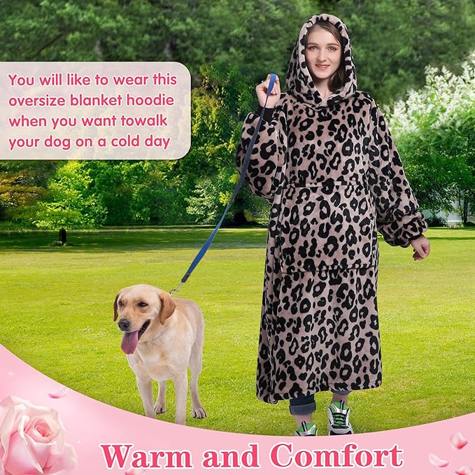 Waitu Wearable Blanket Sweatshirt Gifts for Women and Men, Warm and Cozy Blanket Hoodie, Thick Flannel Hoodie Blanket, Blanket Robe for Adults and Kids - Leopard