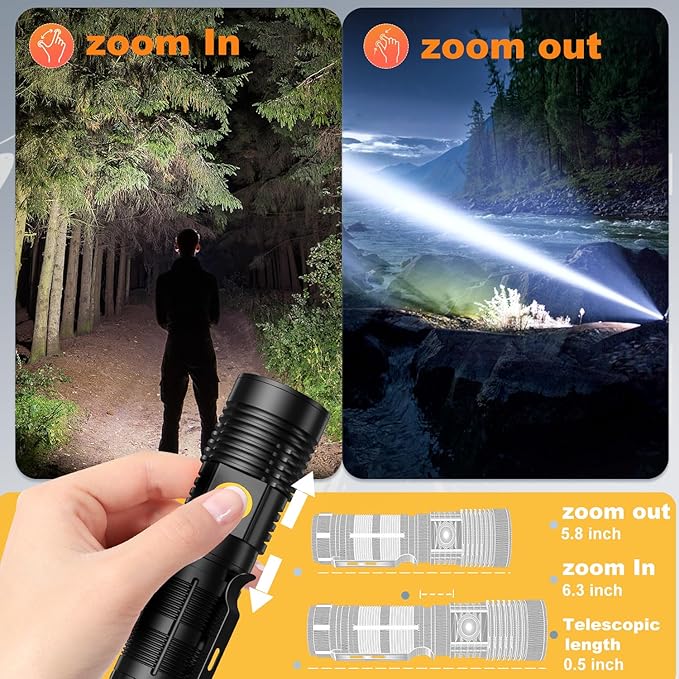 Hoxida Rechargeable Tactical Flashlights High Lumens - 1500 Meters Long Beam Super Bright LED Magnetic Flashlight USB Zoomable 5Modes Small Long Beam Spotlight Flashlight for Hiking, Camping