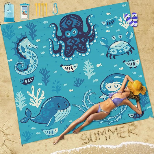 Famstar Beach Blanket Sandproof Waterproof 78''×81''1-5Adults Oversized,Compact Lightweight Durable Beach Mat for Travel Camping Hiking Picnic Blanket