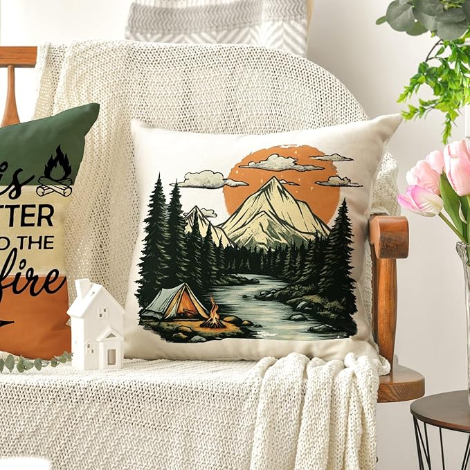 AVOIN colorlife Life is Better Around The Campfire Throw Pillow Covers 18x18 Inch Set of 4, Camping Let's Sleep Under The Stars Saying Cusion Case Decoration for Sofa Couch