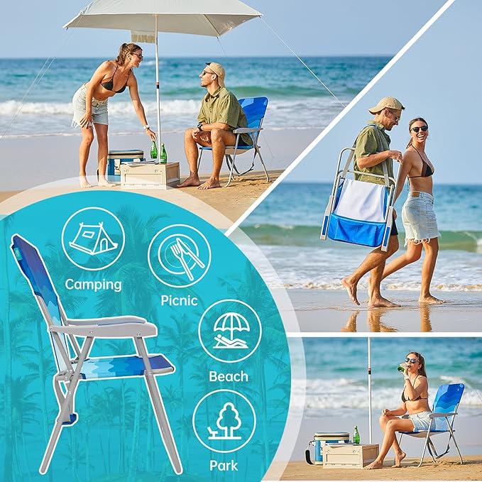#WEJOY Folding Beach Chair for Adults, Lightweight Beach Chair with Shoulder Straps, High Back Camping Chairs with Hard Armrest, Supports 300lbs for Outdoor Lawn Concert