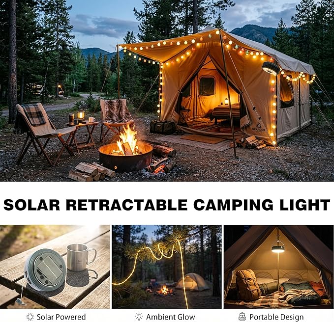 Solar Camping String Lights 32.8FT, 9 Lighting Modes 4 in 1 Portable Waterproof Camp Lantern, Retractable Rechargeable Fairy Lights with Hanging Hook for Outdoor Tent Garden Patio RV Yard Essentials
