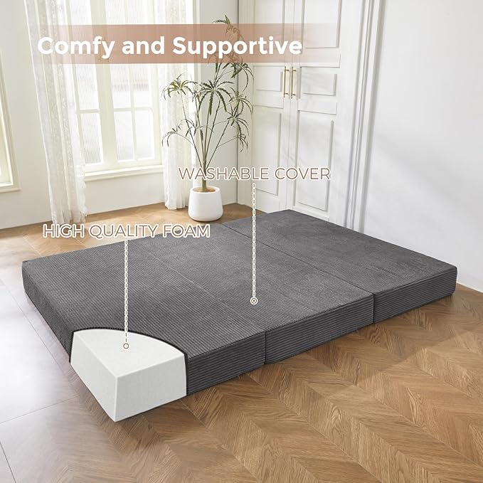 BYBYME Corduroy Tri-Folding Mattress, 6 Inch Gel Folding Mattress Topper, Foldable Soft Guest Bed Camping Pad, Washable Cover (Dark Gray, Twin)
